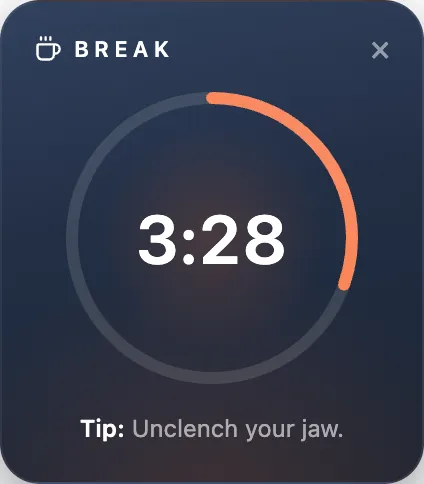 AmbientFocus break timer with a countdown ring at 3:28 and the tip 'Look somewhere far away'