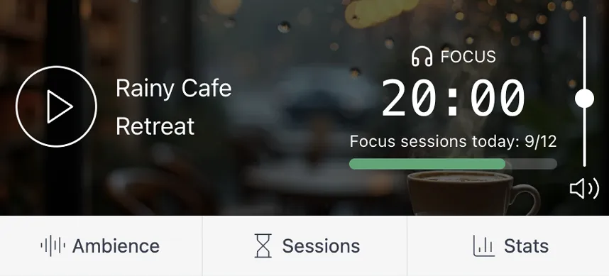 AmbientFocus Chrome extension showing focus timer and ambient sound controls