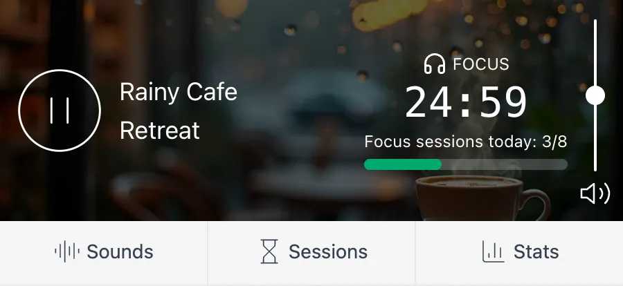 AmbientFocus Chrome extension popup playing Rainy Cafe Retreat with a 25-minute focus timer at 3 of 8 daily sessions