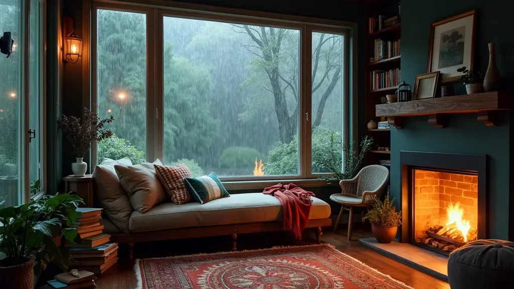 A reading room with rain and a fireplace