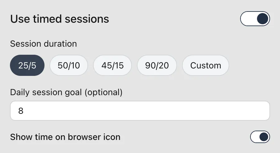 Session settings with the 25/5 Pomodoro preset selected, a daily goal of 8 sessions, and the timer badge enabled