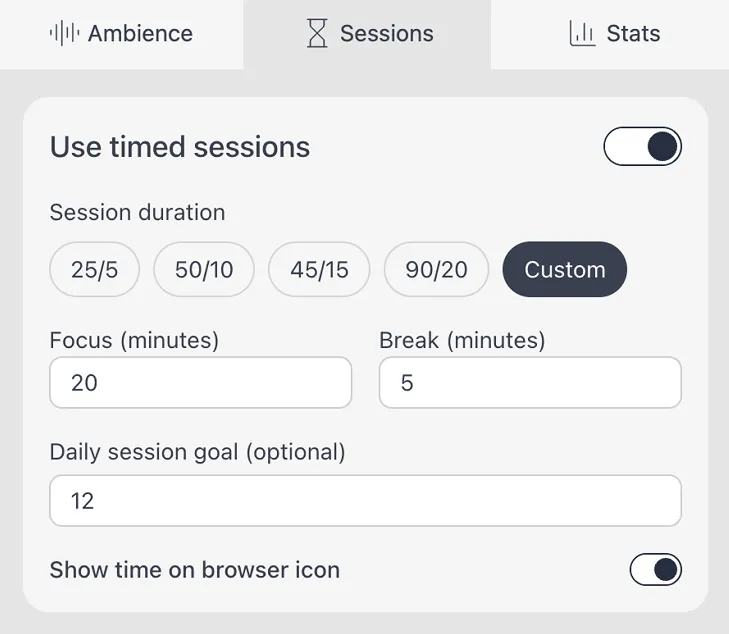 Productivity timer controls showing Pomodoro settings and break intervals